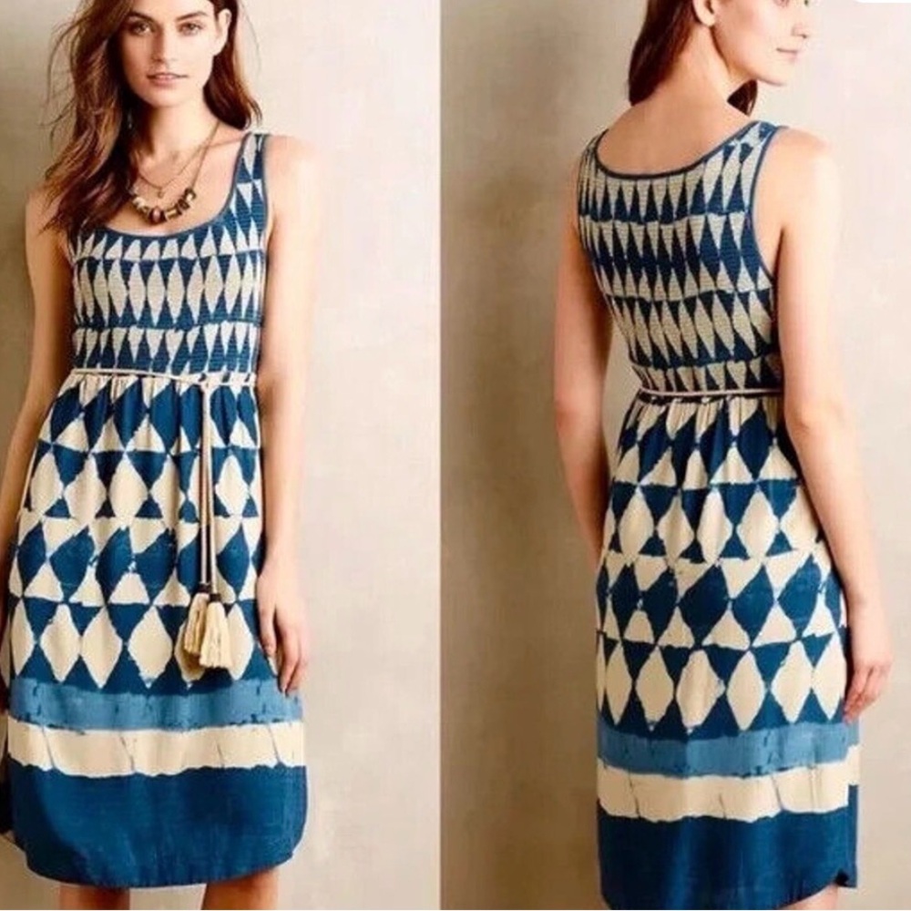 Maeve Anthropologie Blue Geometric Diamond Smocked Midi Dress Tassel Belt Size 0